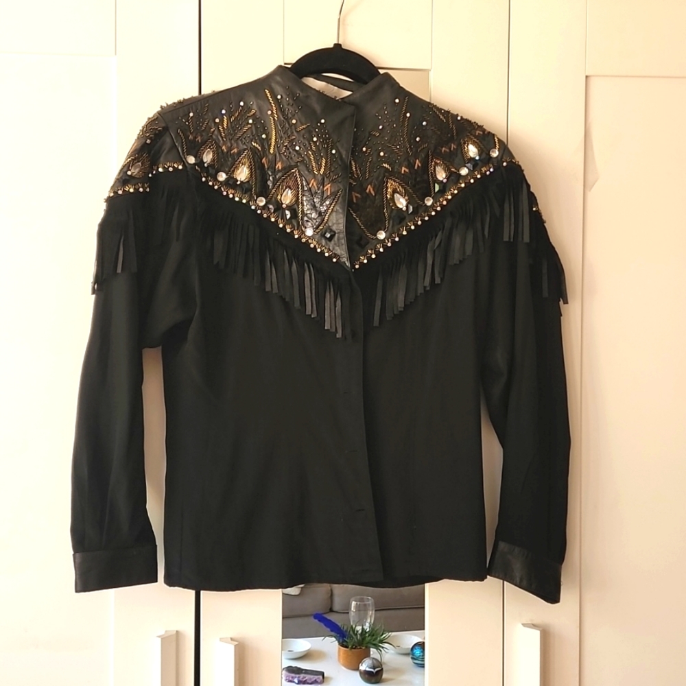 Glamorous cowboy fringe heavy satin and leather sequined top